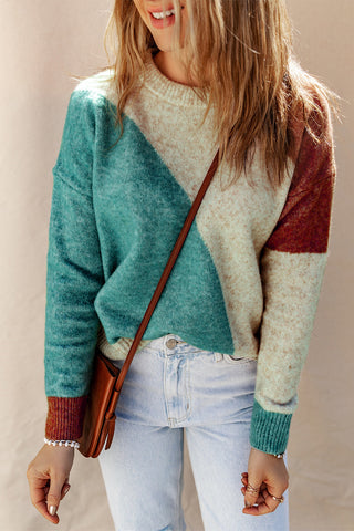 Color Block Sweater - Turquoise and Brown