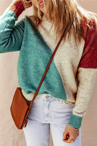 Color Block Sweater - Turquoise and Brown