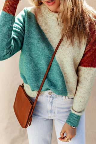Color Block Sweater - Turquoise and Brown
