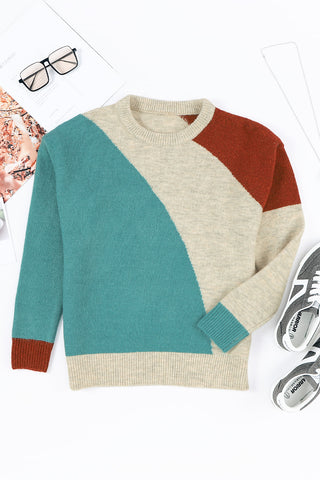 Color Block Sweater - Turquoise and Brown