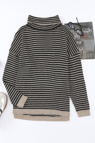 Cowl Neck Striped Sweater - Black