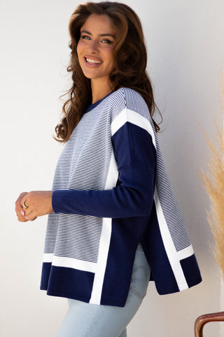 Striped Poncho Sweater - Navy