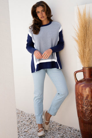 Striped Poncho Sweater - Navy