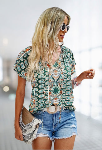 Flutter Sleeve Printed Top - Green Paisley