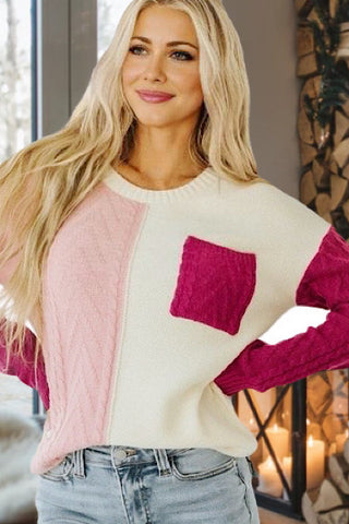 Cable Knit Color Block Sweater - Pink