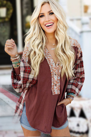 Boho Style Mixed Pattern Henley Top - Burgundy