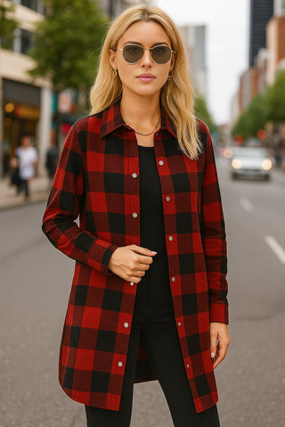 Duster Length Snap Flannel Plaid Shirt - Red
