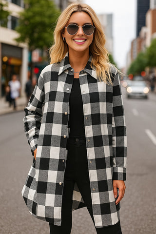 Duster Length Snap Flannel Plaid Shirt - Black