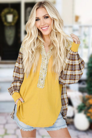 Boho Style Mixed Pattern Henley Top - Yellow
