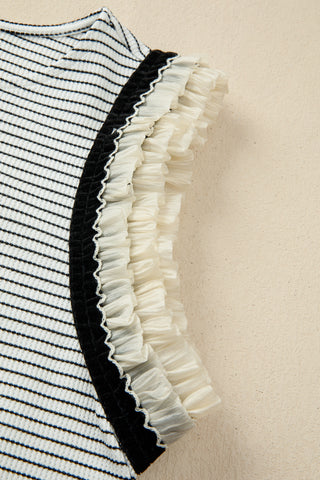 Ruffle Sleeve Striped Top - Black and White