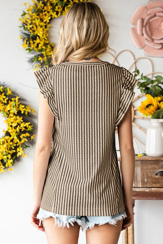 Striped Ruffle Sleeve Top - Beige