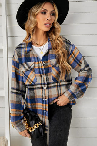 Flannel Plaid Shacket with Pockets - Blue