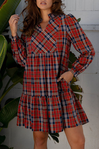 Flouncy Plaid Dress - Red