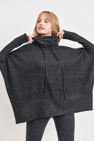 Wool Brushed Heavy Weight Cowl Neck Top - Charcol