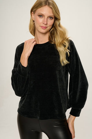 Balloon Sleeve Chenille Top - Black