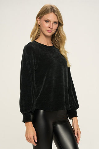 Balloon Sleeve Chenille Top - Black