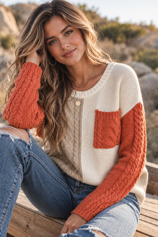 Cable Knit Color Block Sweater -