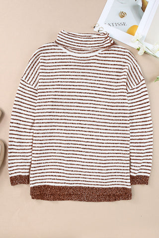 Cowl Neck Striped Sweater - Brown