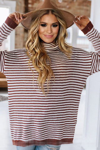 Cowl Neck Striped Sweater - Black