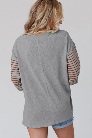 Bishop Sleeve Striped Top - Gray and Brown
