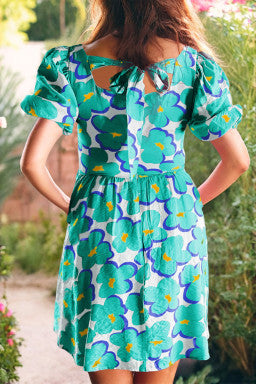 Retro Floral Empire Waist Dress - Aqua