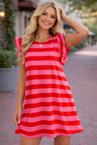 Ruffle Sleeve Striped Dress - Pink and Red