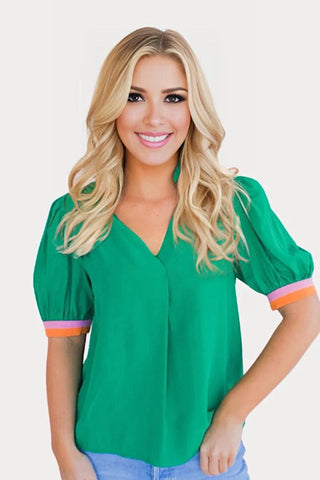 Puff Sleeve Mandarin Neckline Top - Green