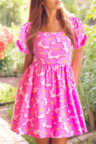 Retro Floral Empire Waist Dress - Pink