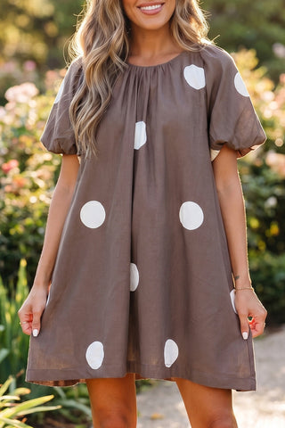 Polka Dot Puff Sleeve Dress - Brown