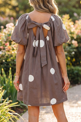 Polka Dot Puff Sleeve Dress - Brown