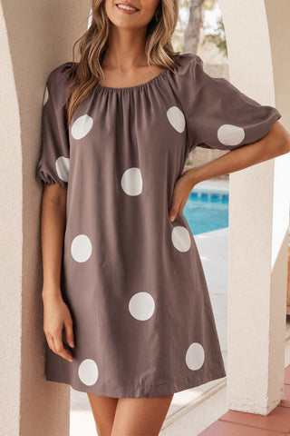 Polka Dot Puff Sleeve Dress - Brown