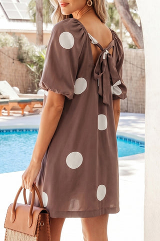 Polka Dot Puff Sleeve Dress - Brown