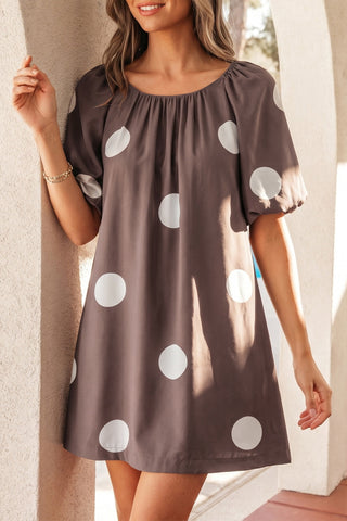 Polka Dot Puff Sleeve Dress - Brown