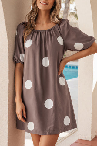 Polka Dot Puff Sleeve Dress - Brown