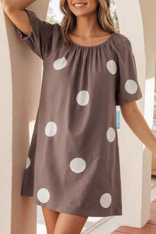 Polka Dot Puff Sleeve Dress - Brown