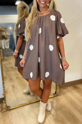 Polka Dot Puff Sleeve Dress - Brown