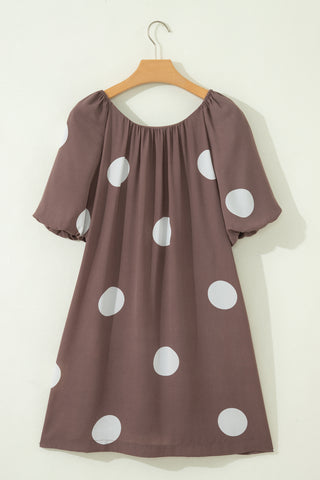 Polka Dot Puff Sleeve Dress - Brown