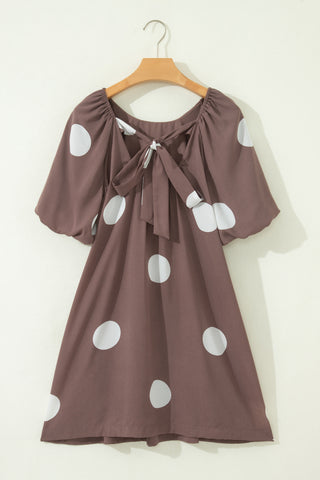 Polka Dot Puff Sleeve Dress - Brown