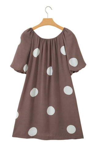 Polka Dot Puff Sleeve Dress - Brown