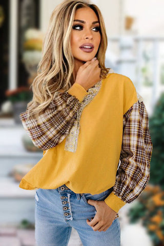 Boho Style Mixed Pattern Henley Top - Yellow