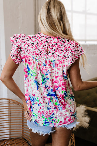 Floral Pop Of Color Ruffle Sleeve Top