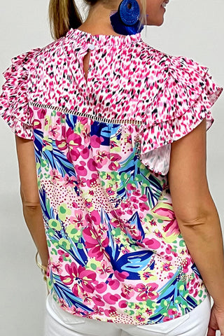Floral Pop Of Color Ruffle Sleeve Top