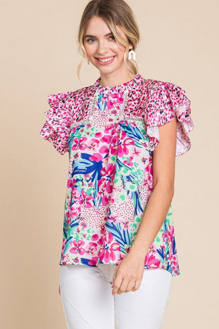 Floral Pop Of Color Ruffle Sleeve Top