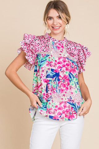 Floral Pop Of Color Ruffle Sleeve Top
