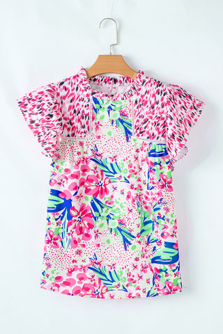 Floral Pop Of Color Ruffle Sleeve Top