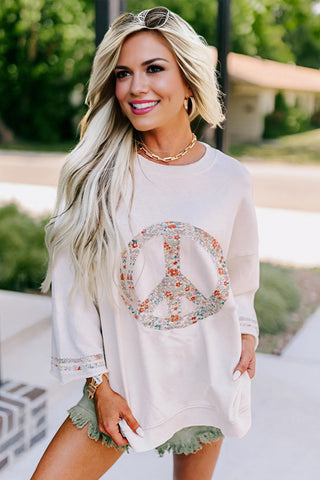 Patchwork Raglan Sleeve Peace Sign Top