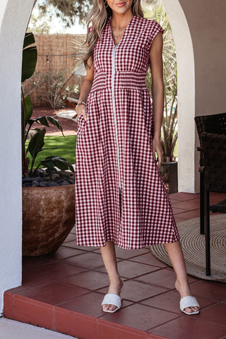 Checkered Cinched Waist Dress - Red