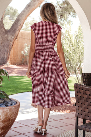 Checkered Cinched Waist Dress - Red