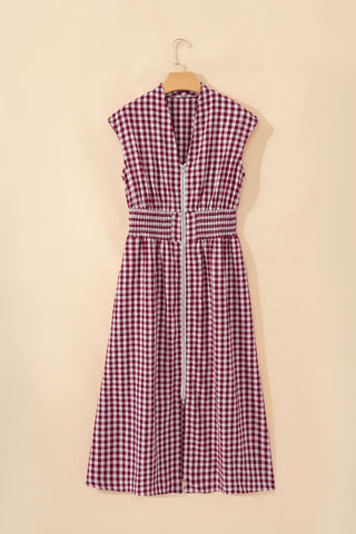 Checkered Cinched Waist Dress - Red