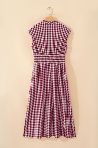Checkered Cinched Waist Dress - Red